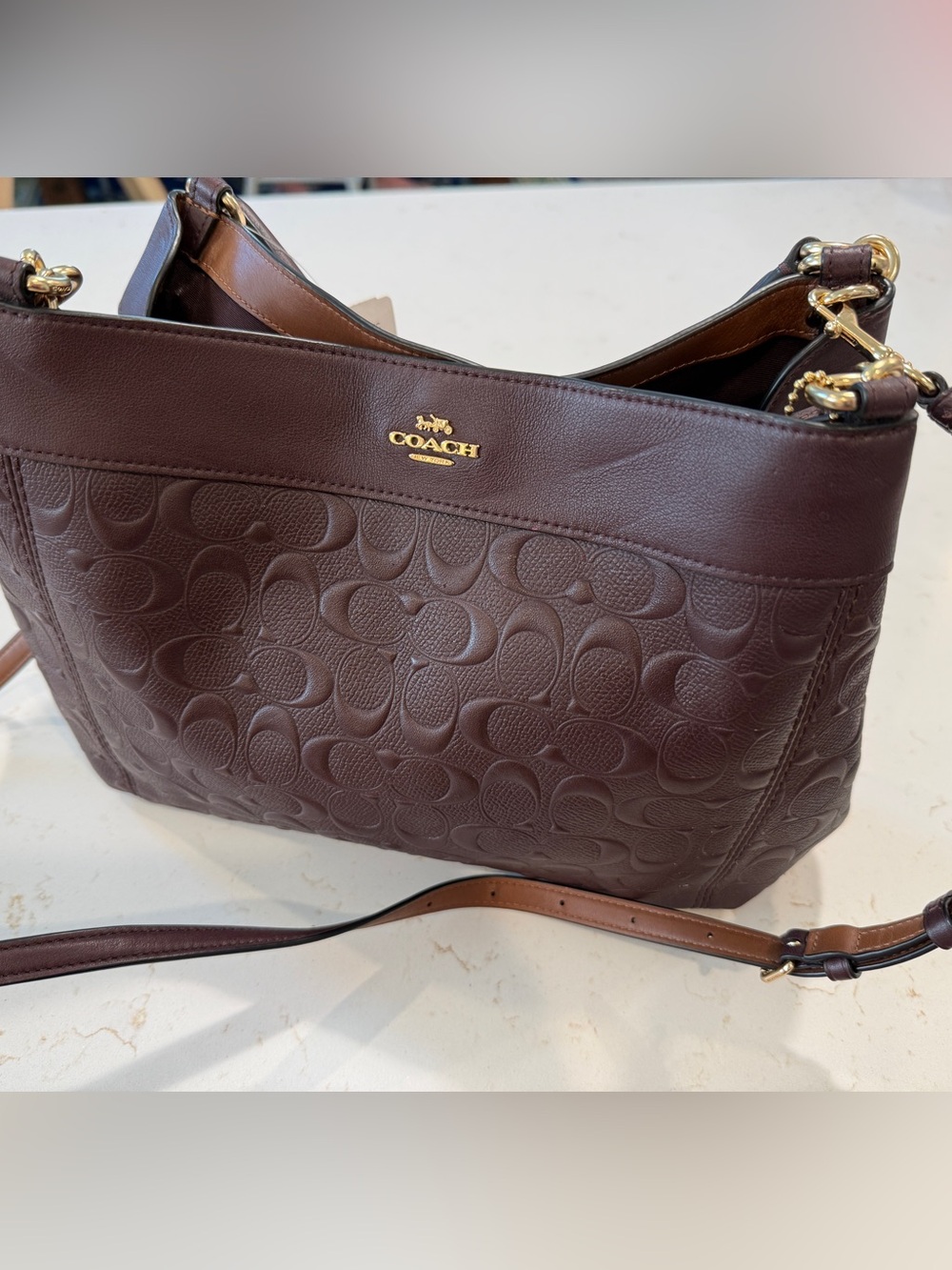 Coach Embossed Signature Chocolate Leather Shoulder Bag F28934